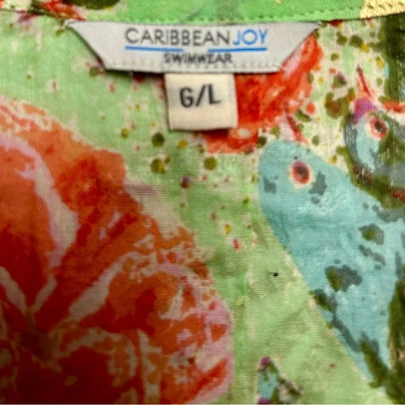 Caribbean Joe ~ Large ~ Green W/ Gold & Red Floral Tunic Swim Coverup Dress - Picture 15 of 15